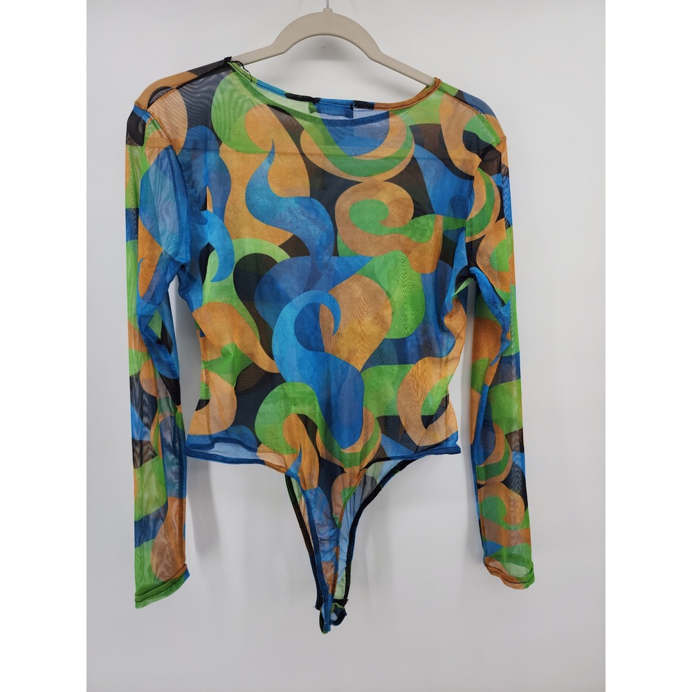 PrettyLittleThing Womens Blue Green Orange Abstract Mesh Long Sleeve Bodysuit